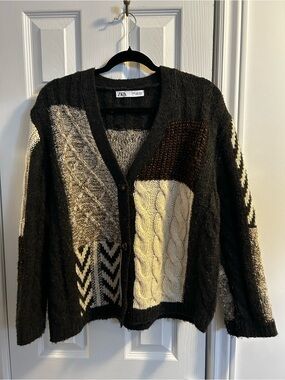 Zara Black, Cream & Brown Patchwork Cable-Knit Cardigan